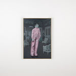 installation view of an oil painting depicting a portrait of a boy standing unnaturally, all in greyscale save for his pink pajamas