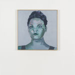 oil painting depicting a front-facing bust portrait of a woman done in mostly greens and blues