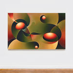 An abstract image depicting four reddish orange orbs framed by swirling green shapes.