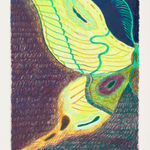 color pencil image of half of a moth's body. the main hues of its vibrant wings are yellow, green, and teal.