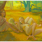 Painting of three naked women laying on the ground under trees with their heads resting on each others legs.