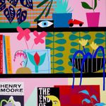 Still life painting of a shelf with several books, a blue eye, a red car, several vases with plants and flowers.