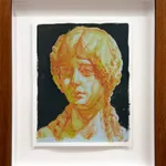 Framed Painting by Rachel Gregor of a woman's bust in yellow against a black background