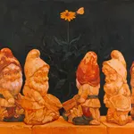 Painting by Rachel Gregor of six gnomes and a yellow flower
