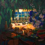 Painting of two nude figures on a couch in a dimly lit room with a table with food on it