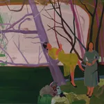 Painting of two women in green dresses standing next to purple trees in a forest