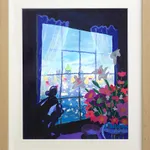 Pastel drawing of a big window with sheer curtains and a vase of pink flowers
