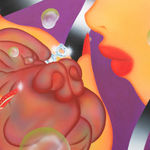 Painting of a woman's side profile and the face of a dog. The woman is holding the dogs face in her hands.