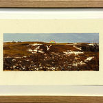 framed painting of a home and landscape with pale yellow border