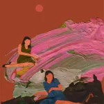 Painting on an orange paint chip of three women reclining on a green and pink hill