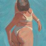 Zack Rosebrugh of woman from behind wearing white bikini looking down standing against blue background