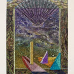 Drawing of colorful geometric shapes, a sea shell, and mountaints