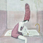 Painting of a woman in a towel sitting on the edge of a bathtub while clipping her unusually long toe nails