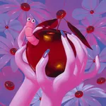 painting of two hands holding a deep shiny red apple with a work sticking out against a floral backdrop by Megan Ellen MacDonald