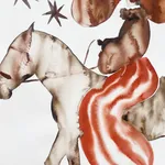 Painting of a cowboy riding a horse wearing a large hat and stripped pants