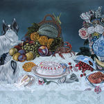 Tablescape painting of two black and white dogs on a table full of decadent food, including a basket of fruit with a grasshopper on it, a giant bouquet of flowers, a bowls of strawberries that has been know knocked over, a plate of giant shrimp, a bowl of whole fish and a white frosted cake that one of the dogs has walked into and gotten frosting all over the table.