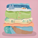 Danym Kwon - painting of stacked clothes. Teh clothes are either painted in pastel color or sceneries, such as the house in snow and a man and a child walking pass a brownish dust land. The background is painted pastel ruby.