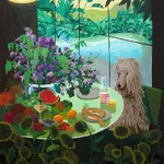 Pastel drawing of a table with food on it surrounded by sunflowers and a white dog with long fur sitting on a green chair