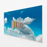 Painting of clouds with the words "Human Fucking Knowledge" in the middle in multicolor