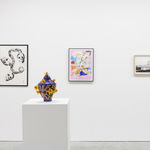 Install Image of "Oddkin", from left to right, “THIS THING OF OURS”, “Untitled Urn #6”, “Pale Lilac Trash”, “A Craving”.