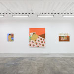 installation of Gina M. Contreras exhibition - white wall with three paintings of nude female figures. From left to right: "Embracing the Familiar, Leaving the Unmeant Behind," "Vulnerable Surface," and "Something More Than Has Already."