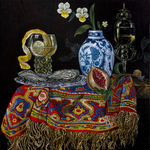 Still life oil painting of a small tablescape featuring oysters, pomegranate and an ornate glass with a peeled lemon against a black background by Sabrina Bockler