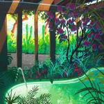 Pastel drawing and an indoor swimming pool surrounded by lush green plants