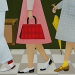 painting by angela burson depicting three people dressed in pastel colors, each one holding an item in their hands as they walk across a white and beige checkered floor
