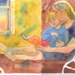 Painting on paper of a woman reading a book to a child while they sit on a bed