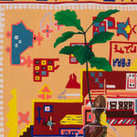 Painting of a plant in a clear circular vase, you can see all of the roots in the water in the vase. Behind the vase is a tapestry or rug with an indigenous design in yellow, blue and red.