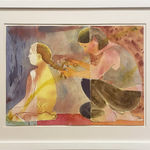Painting on paper of a woman kneeling on the ground braiding a child's hair in white frame