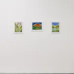 Installation view of The Jaunt: Winter Camp group exhibition at Hashimoto Contemporary San Francisco. From left to right: "Morning Light," "Mountain View," and "Walk In The Forest" works on paper by Bianca Nemelc