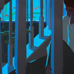 painting by artist Adrian Kay Wong depicting an individual sitting in a blue stairwell, beyond the stairs is a fish tank with orange fish, a small bonsai tree, and a small jade necklace hanging from the banister