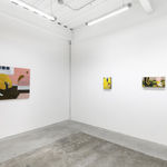 Installation view of Angela Burson's exhibition "Close Encounters" at Hashimoto Contemporary San Francisco depicting (from left to right): "Wednesday," "News," and "Ghost Feet"