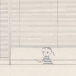Drawing of a girl in a striped shirt standing behind a window pulling the blinds up
