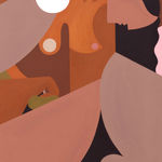 Abstract painting of a woman hunched over with her arm over her neck.