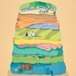 a pile of folded laundry with smaall scenes hidden in the folds on a light orange background