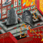 Andrew Schoultz - cutaway painting of interior space cathedral with plants and helmets