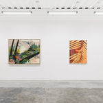 Installation view of The Jaunt: Winter Camp group exhibition at Hashimoto Contemporary San Francisco. From left to right: Seonna Hong's painting "Rest as an Act of Defiance," and Genevieve Cohn's painting "To Hold, To Harbor."