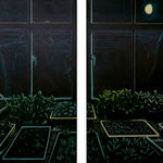 Grace Tobin painting of greenhouse at night. Window in background, moon visible in background, watering can in foreground