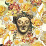 yellow statue head/bust surrounded by yellow flowers