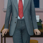 painting of a man from the chest down wearing a gray suit leaning against a desk