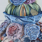 Detail of Sabrina Bockler painting of feast on table piled up - lobsters, florals, melons, etc