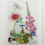 Drawing of beer cans, flowers, dog stuffed animals, and a candle with Jesus on it in white frame