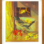 framed still Life painting of a shelf with flowers and a bird