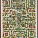 Collage of floral and plant cutouts placed in a symmetrical and geometric pattern with exposed white paper