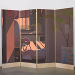 painting on a wooden room divider by artist Adrian Kay Wong depicting layered composition of an interior setting with two individuals sitting at a table, obscured by a partially opened door and door frame respectively. Visible are a white orchid plant, and a potted plant