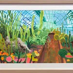 Pastel drawing of a marble sculpture and plants in a greenhouse