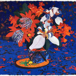 painting of red and white flowers in a glass vase against a deep blue and red patterned background