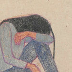 Colored pencil drawing of a seated woman resting her head on her arm